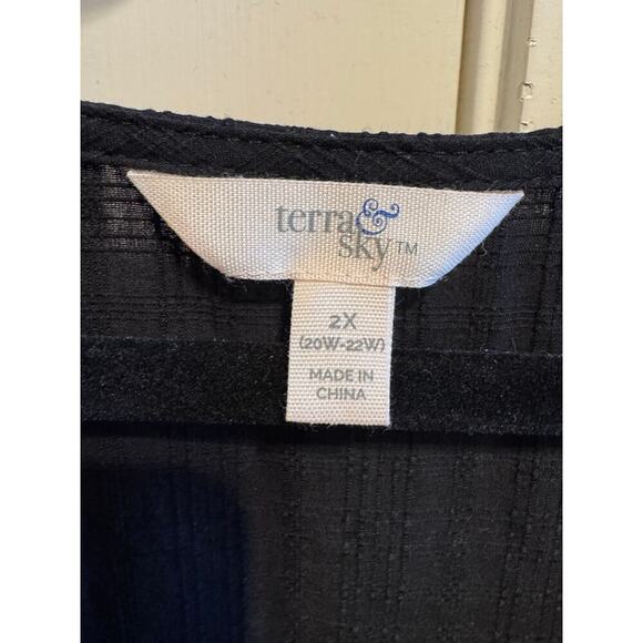 Terra & Sky V-Neck Short Ruffle Black Sleeve Button up Cotton Shirt Blouse Sz 2X - Picture 10 of 12